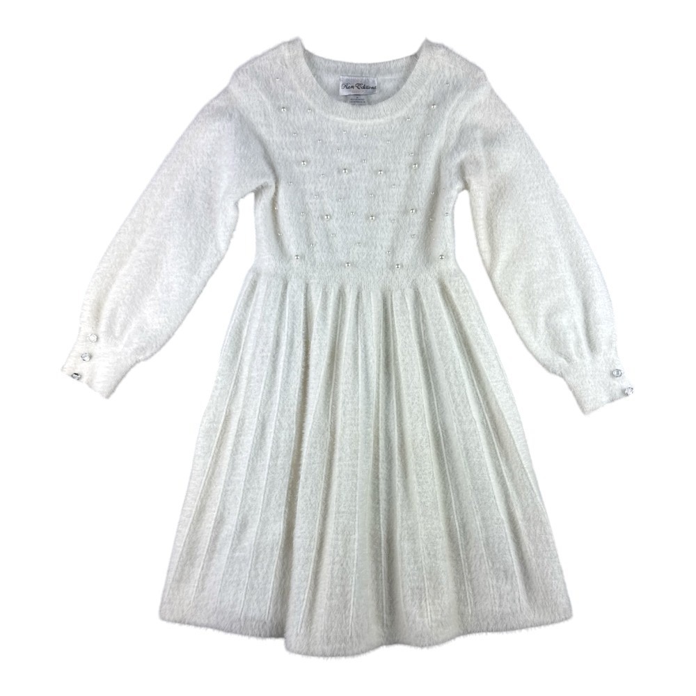 Rare Editions Girl White Faux Fur Pearl Pleated Sweater Dress 6X Holiday Kidcore
